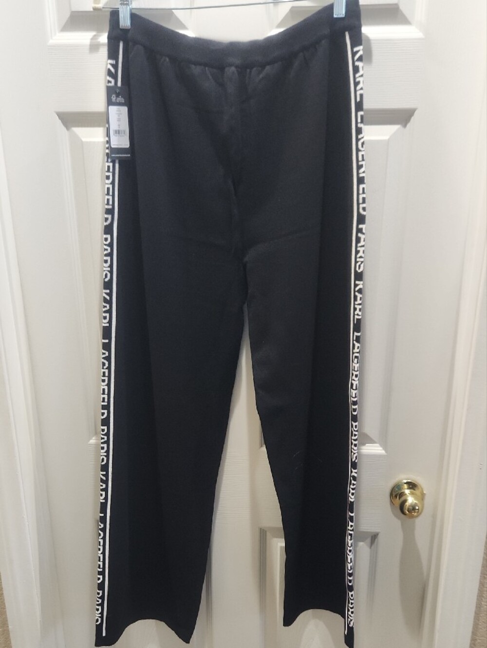 Karl Lagerfeld Black Wide-Leg Pants with White Side Logo Stripe